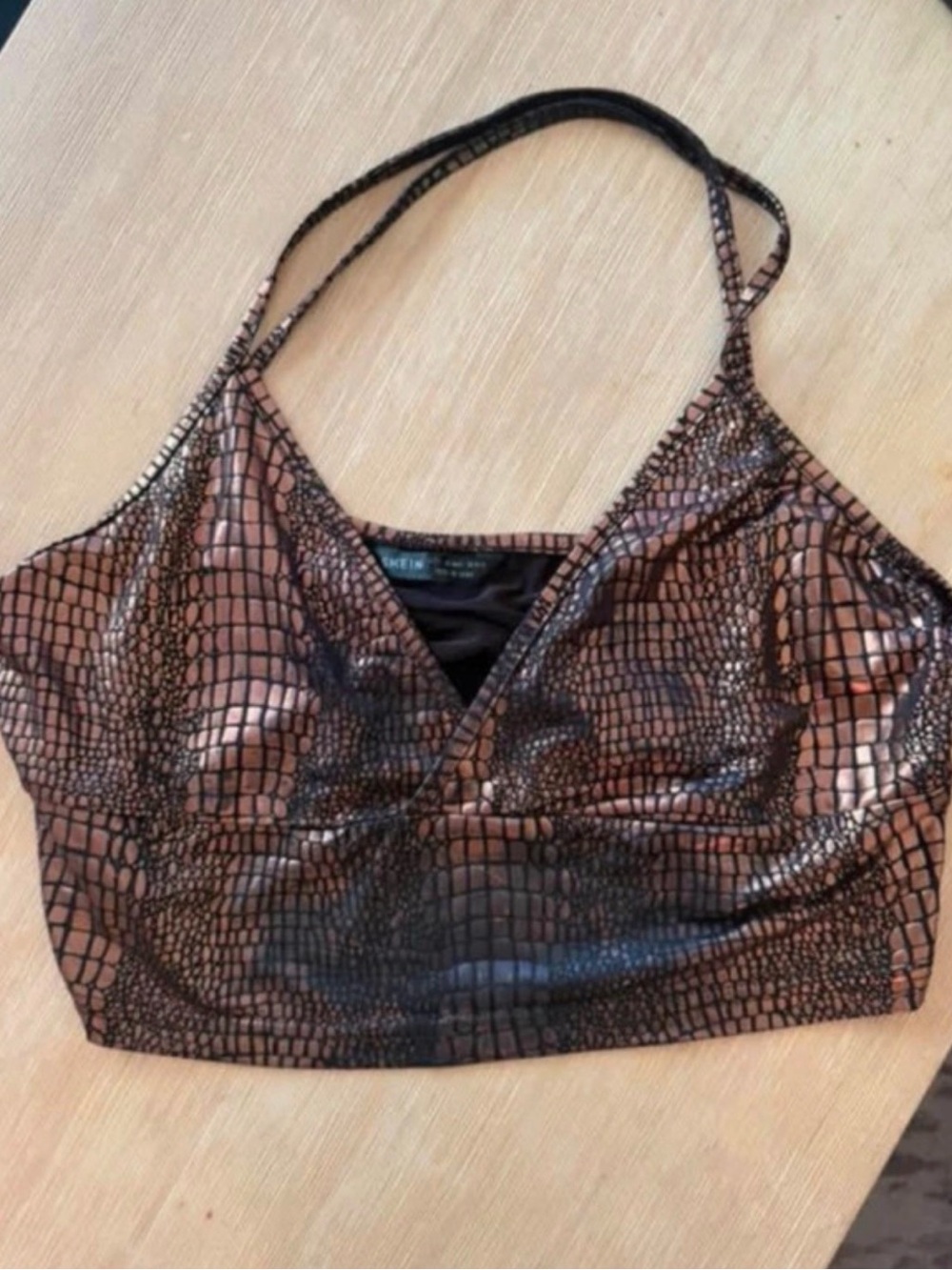 Reptile-Pattern Brown Cropped Halter Top